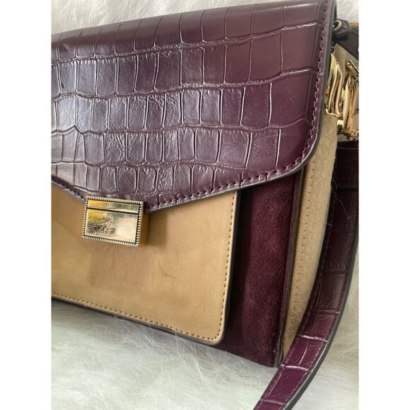 Parfois Womens Faux Croc Leather Crossbody Bag Burgundy & Tan Colorblock With Ad - Picture 2 of 9